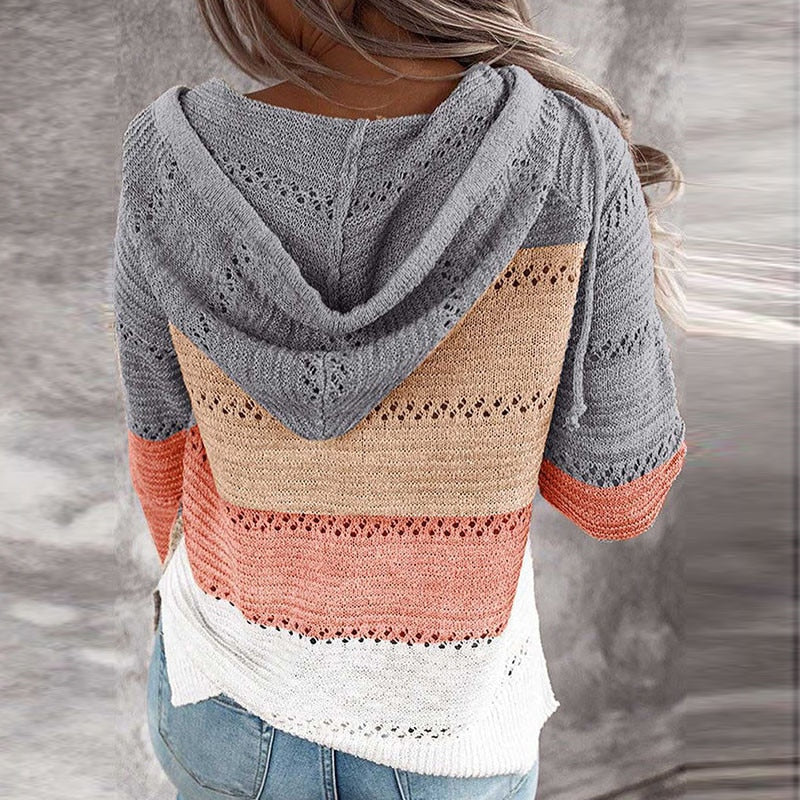 Women's long sleeve loose contrast color knitted sweater