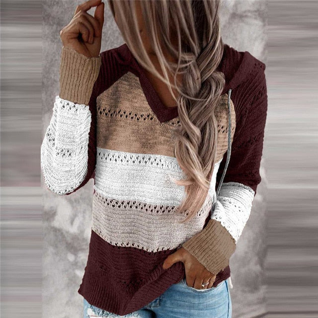 Women's long sleeve loose contrast color knitted sweater