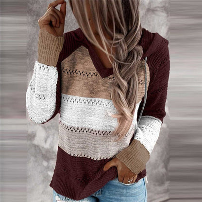 Women's long sleeve loose contrast color knitted sweater