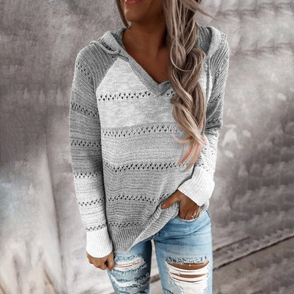 Women's long sleeve loose contrast color knitted sweater
