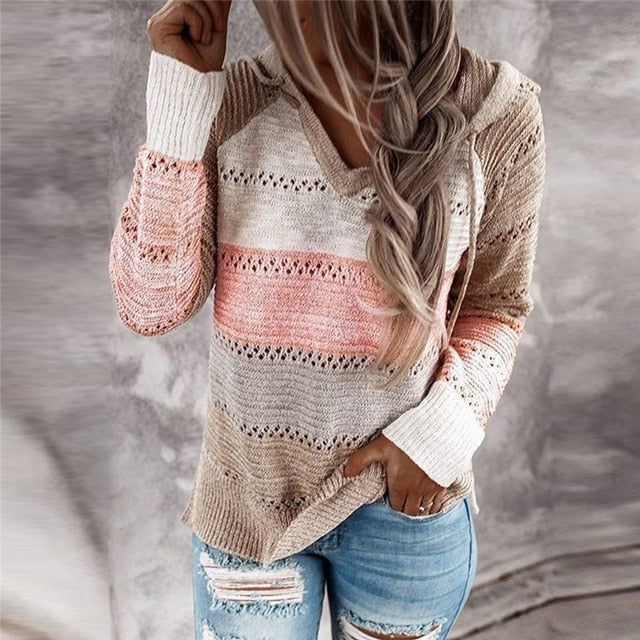 Women's long sleeve loose contrast color knitted sweater