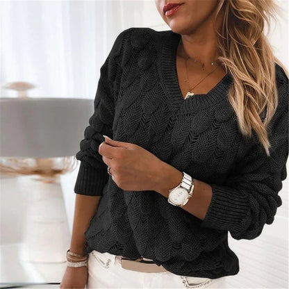 Women's knitted feather cutout v-neck long sleeve solid color sweater