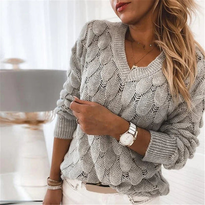 Women's knitted feather cutout v-neck long sleeve solid color sweater