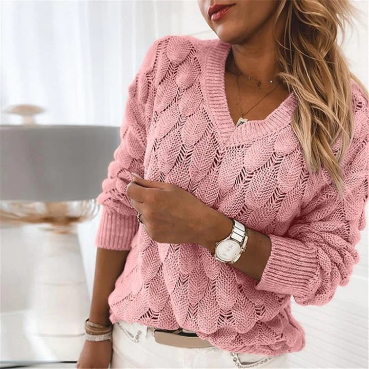Women's knitted feather cutout v-neck long sleeve solid color sweater