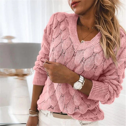 Women's knitted feather cutout v-neck sweater