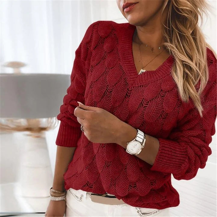 Women's knitted feather cutout v-neck long sleeve solid color sweater