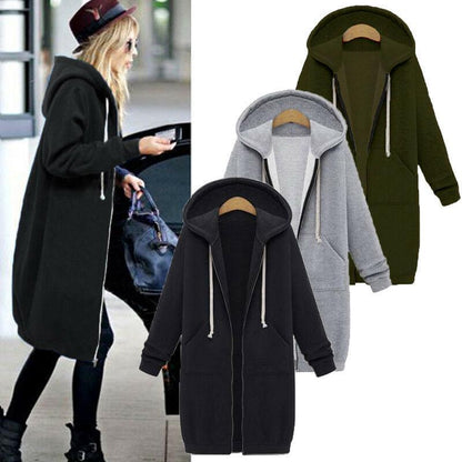 Very warm and long hooded jacket for women with zipper closure
