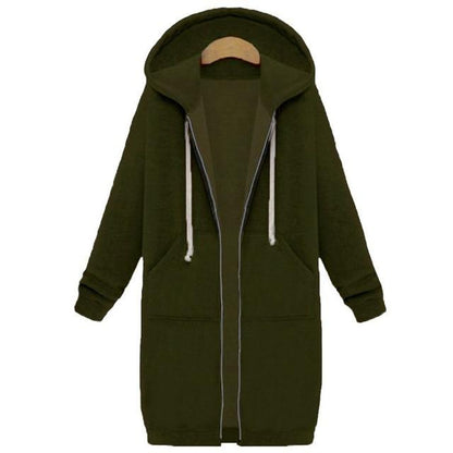 Very warm and long hooded jacket for women with zipper closure