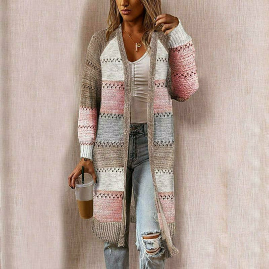 Striped Open Front Long Cardigan