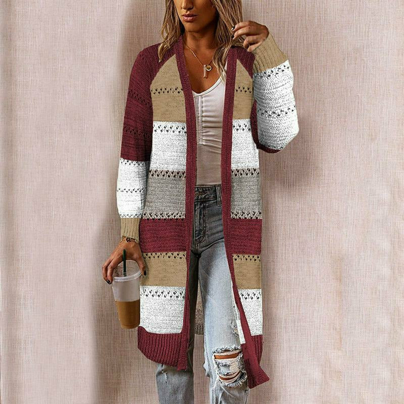 Striped Open Front Long Cardigan