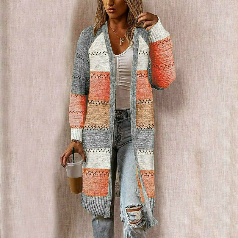 Striped Open Front Long Cardigan