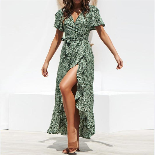 Wrap V-Neck High-Low Hem Maxi Dress