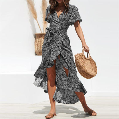 Women's Maxi Dress - Wrap V-Neck - Short Sleeve - High-Low Hem with Waist Tie