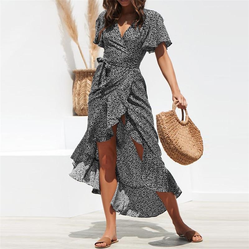 Women's Maxi Dress - Wrap V-Neck - Short Sleeve - High-Low Hem with Waist Tie