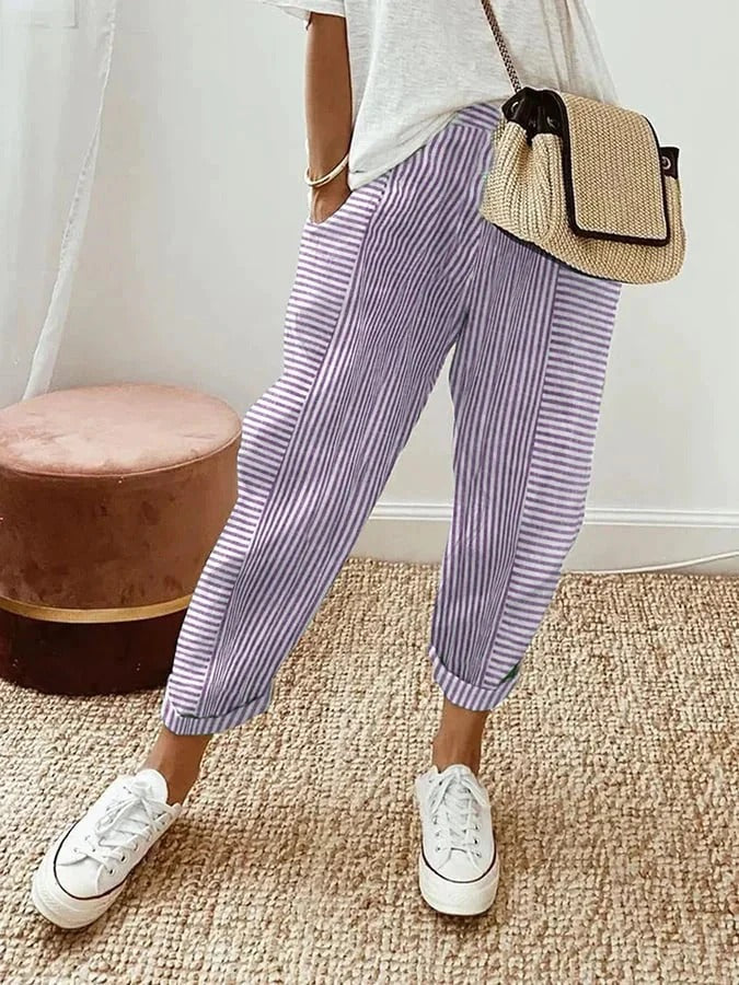 Women's Striped Pants - Loose Fit - Elastic Waist - Cuffed Hem Casual Wear