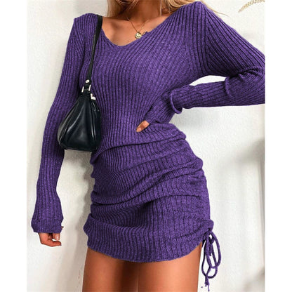 Women's Ribbed Knit Sweater Dress - V-Neck - Long Sleeve - Adjustable Drawstring Fit