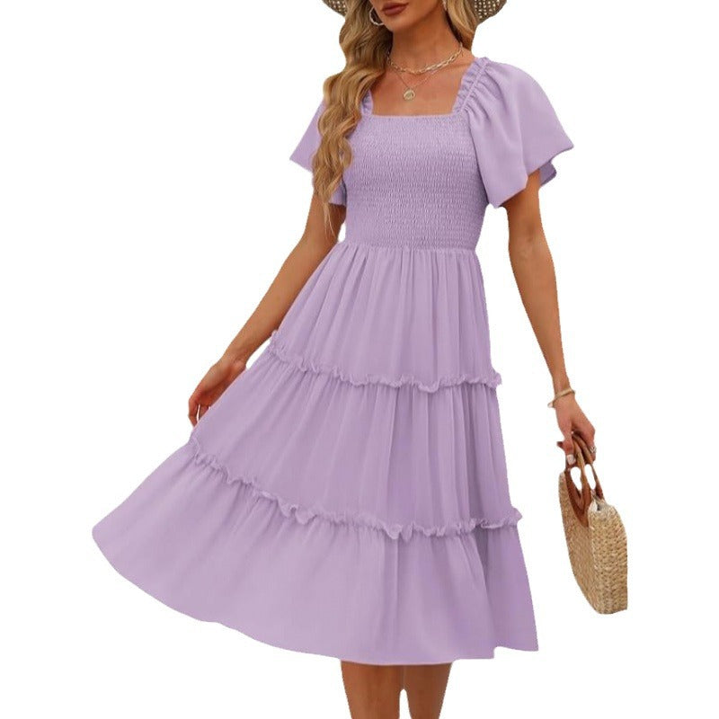 Women's Midi Dress - Square Neck - Smocked Bodice - Tiered Flowy Short Sleeve