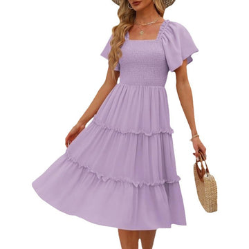 Women's Midi Dress - Square Neck - Smocked Bodice - Tiered Flowy Short Sleeve
