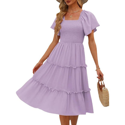Women's Midi Dress - Square Neck - Smocked Bodice - Tiered Flowy Short Sleeve