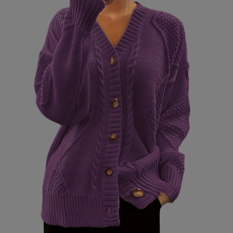 Chunky knit button-front cardigan with cable pattern and v-neck for women