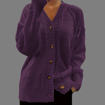 Women’s Knit Cardigan - Relaxed Fit - Cable & Waffle Knit - Button Front V-Neck