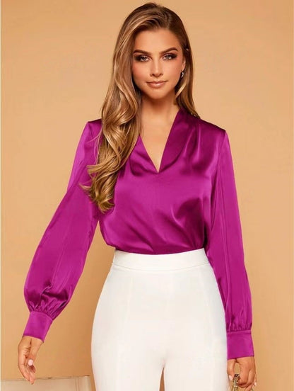 Women's Blouse - V-Neck - Long Sleeve - Lightweight Material - Elegant Fit