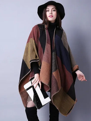 Women's plaid ethnic shawl thickened cape scarf