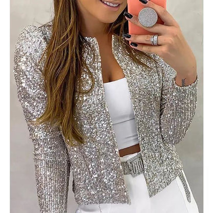 Women's Sequin Jacket - Fitted Silhouette - Collarless Design - Long Sleeve Party Wear