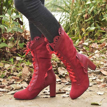 Women's faux leather lace-up block heel boots