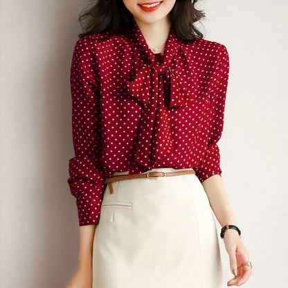 Women's Blouse - Polka Dot - Long Sleeve - Bow Tie Neck - Elegant Casual Wear