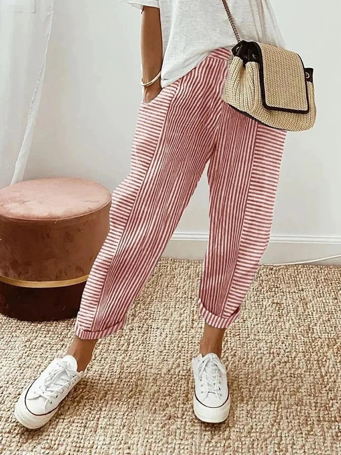 Women's Striped Pants - Loose Fit - Elastic Waist - Cuffed Hem Casual Wear