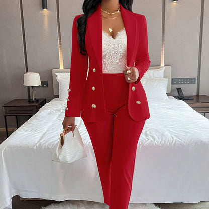 Women’s Pantsuit - Tailored Fit Blazer with Metal Buttons - High-Waisted Straight-Leg Trousers