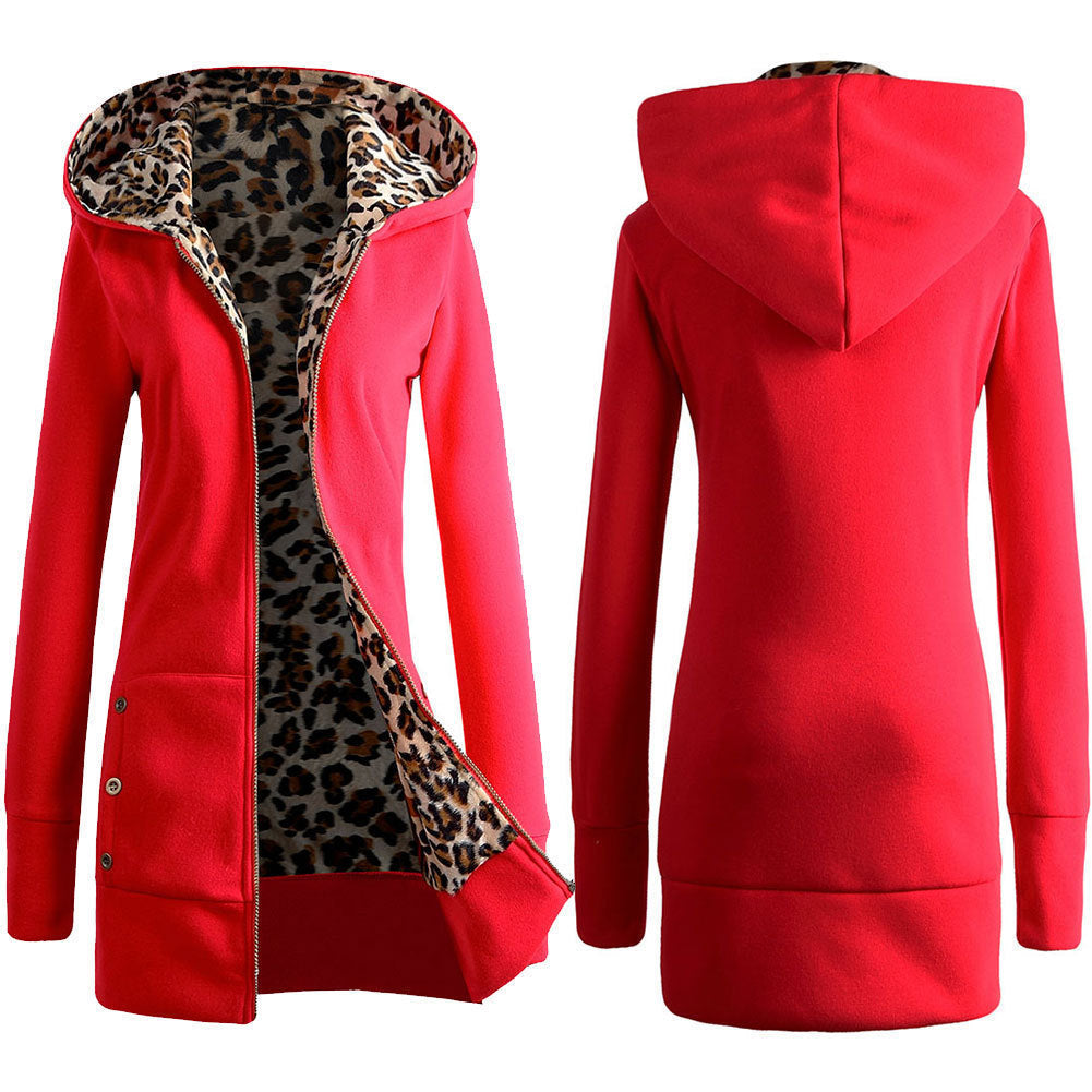 Women's longline hoodie with leopard print lining