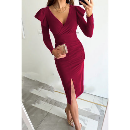 Women's Elegant Ruched Dress - Ruffled Sleeve - Deep V Neckline - Front Slit
