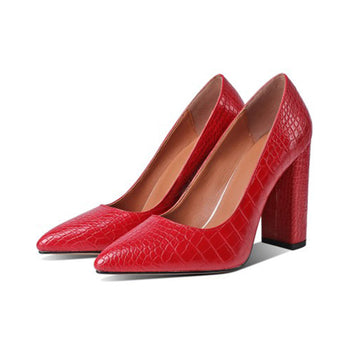 Pointed-toe block heel pumps with crocodile pattern for women