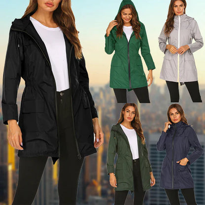 Women's outdoor rain hooded jacket with zip closure