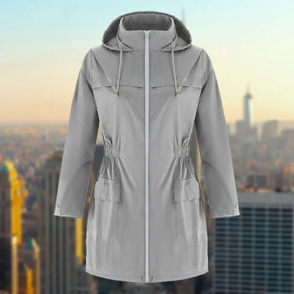 Women's outdoor rain hooded jacket with zip closure