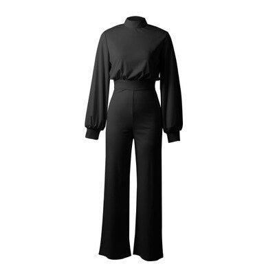 Women's Jumpsuit - High Neck - Long Puff Sleeves - Fitted Waist - Wide Leg Elegant Style