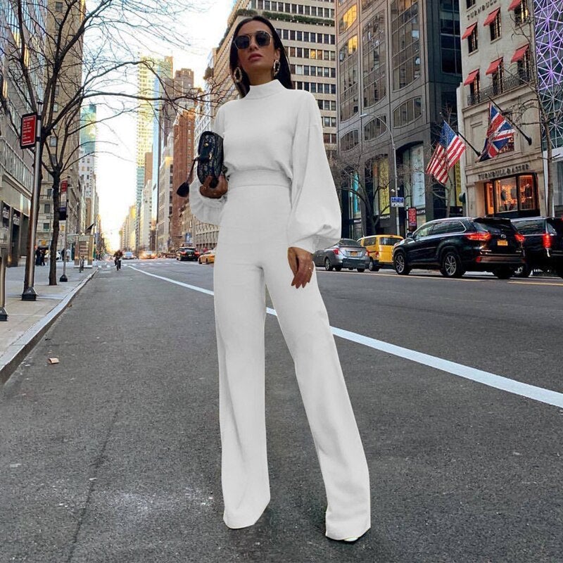 Women's Jumpsuit - High Neck - Long Puff Sleeves - Fitted Waist - Wide Leg Elegant Style