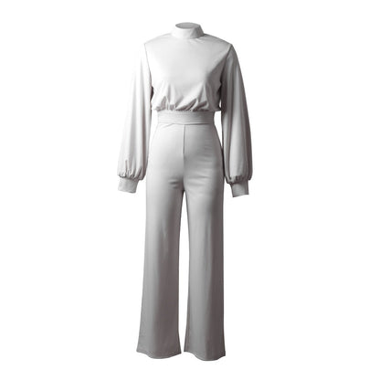 Women's Jumpsuit - High Neck - Long Puff Sleeves - Fitted Waist - Wide Leg Elegant Style