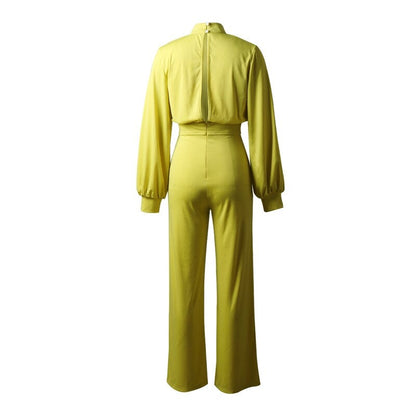 Women's Jumpsuit - High Neck - Long Puff Sleeves - Fitted Waist - Wide Leg Elegant Style