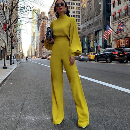 Women's Jumpsuit - High Neck - Long Puff Sleeves - Fitted Waist - Wide Leg Elegant Style