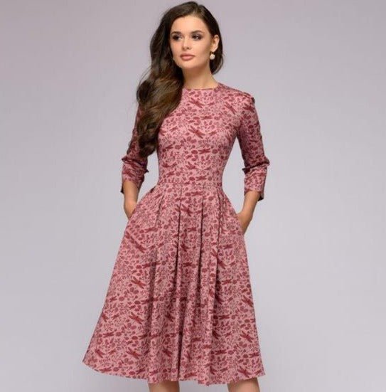 Women's A-Line Dress - Knee-Length - 3/4 Sleeve - Floral Print Elegant Fit