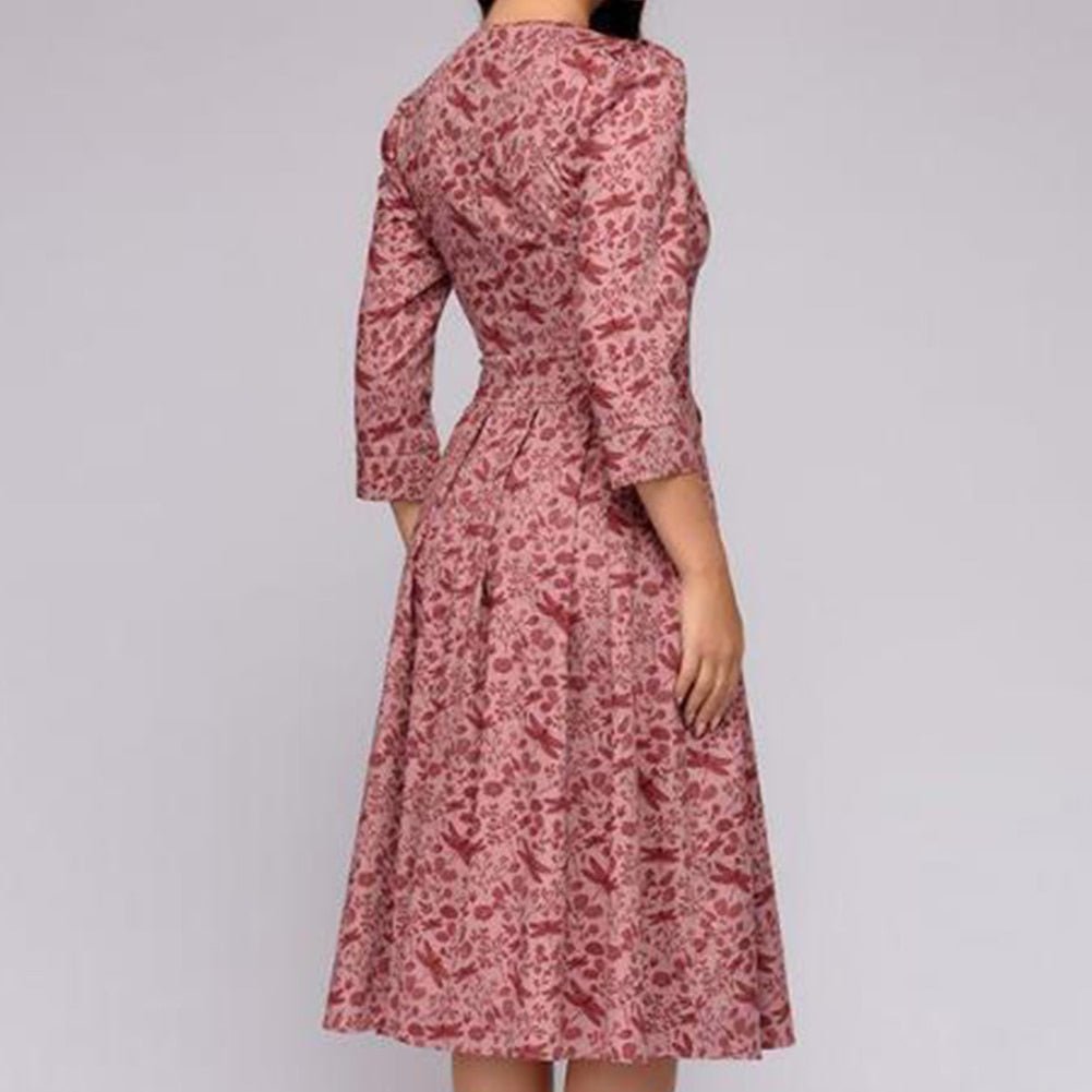 Women's A-Line Dress - Knee-Length - 3/4 Sleeve - Floral Print Elegant Fit