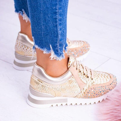 Women's Fashion Sneakers - Embossed Textured Design - Rhinestone Studded Toe - Lace-Up Casual Wear