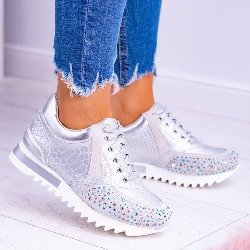 Women's Fashion Sneakers - Embossed Textured Design - Rhinestone Studded Toe - Lace-Up Casual Wear