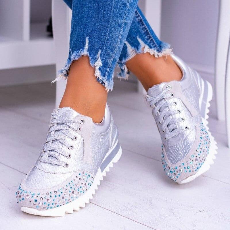 Women's Fashion Sneakers - Embossed Textured Design - Rhinestone Studded Toe - Lace-Up Casual Wear