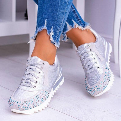 Women's Fashion Sneakers - Embossed Textured Design - Rhinestone Studded Toe - Lace-Up Casual Wear