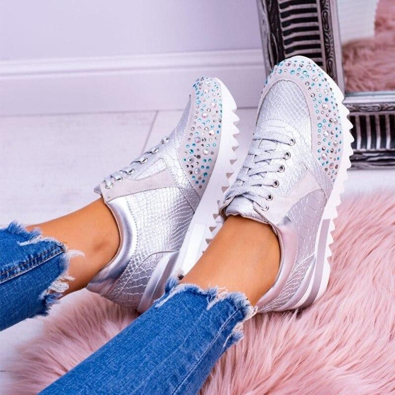 Women's Fashion Sneakers - Embossed Textured Design - Rhinestone Studded Toe - Lace-Up Casual Wear