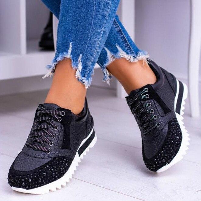 Women's Fashion Sneakers - Embossed Textured Design - Rhinestone Studded Toe - Lace-Up Casual Wear